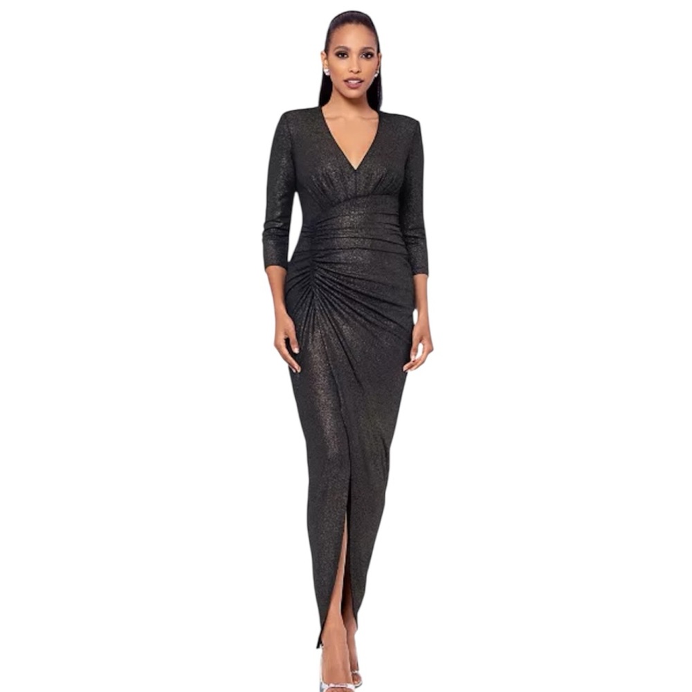 XSCAPE Petite Ruched Metallic Evening Gown Dress Sz 10P Sparkly NWT